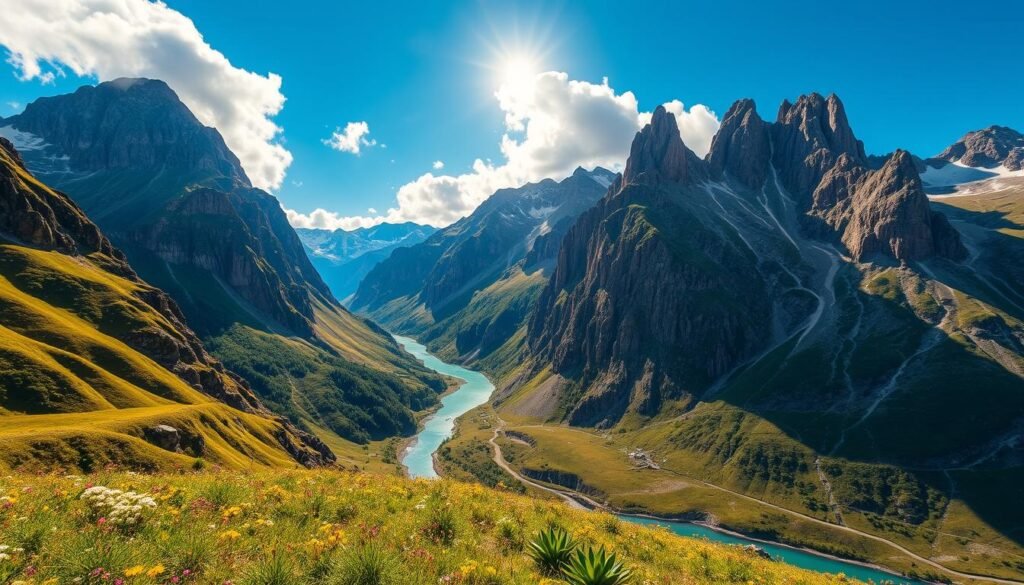 A breathtaking landscape featuring towering mountains and deep valleys. In the foreground, lush green hills with wildflowers gently slope down towards a crystal-clear river weaving through the valley. The middle ground showcases majestic, steep mountains with jagged peaks, their rocky surfaces detailed with patches of snow. In the background, a bright blue sky with soft, fluffy clouds adds depth to the scene. The sun casts warm, golden light, illuminating the mountains and creating dramatic shadows. The atmosphere is serene and awe-inspiring, capturing the raw beauty of nature's wonders. The image should have a wide-angle perspective to emphasize the grandeur of the landscape.