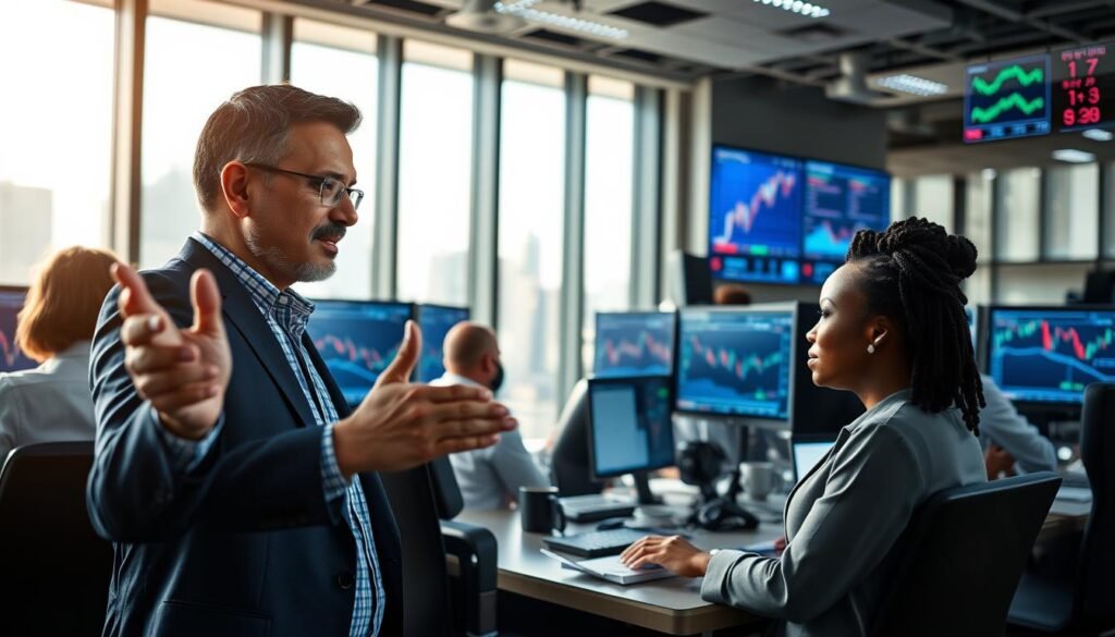 A busy trading office interior, showcasing a diverse group of professional traders focused on their monitors displaying financial charts with rising and falling graphs symbolizing leverage in day trading. In the foreground, a trader, a middle-aged South Asian man in a well-fitted suit, gestures towards the screen, deep in discussion with a young African woman in a smart blouse, sharing insights on risk management strategies. The background is filled with large screens displaying market data, a city skyline view through the large windows, and bright LED lights creating an energetic atmosphere. Soft natural light floods the room, accentuating the intense yet dynamic mood of the trading environment. The composition uses a wide-angle lens to capture the collaborative spirit of day trading.