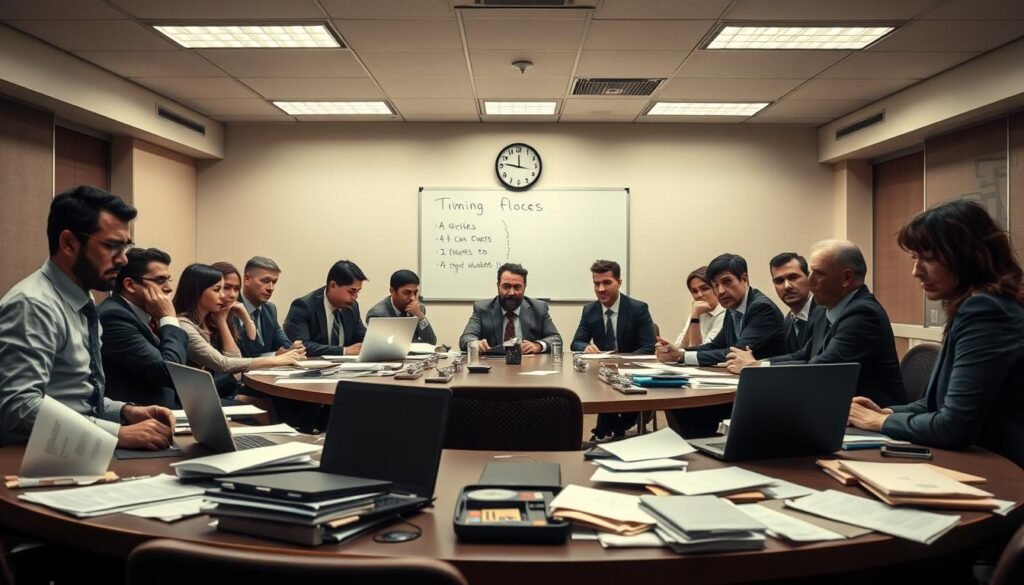A cluttered conference room featuring a large round table surrounded by a diverse group of professionals in business attire, looking disengaged and frustrated during a meeting. The foreground includes scattered papers and laptops with disinterested expressions, reflecting the theme of unproductive meetings. The middle ground showcases a whiteboard with vague bullet points and a clock showing time ticking away. The background is softly illuminated with fluorescent lighting, emphasizing the sterile atmosphere of corporate monotony. The overall mood is tense and disheartening, suggesting wasted time and inefficiency, captured from a slightly elevated angle to convey the complexity of the situation.