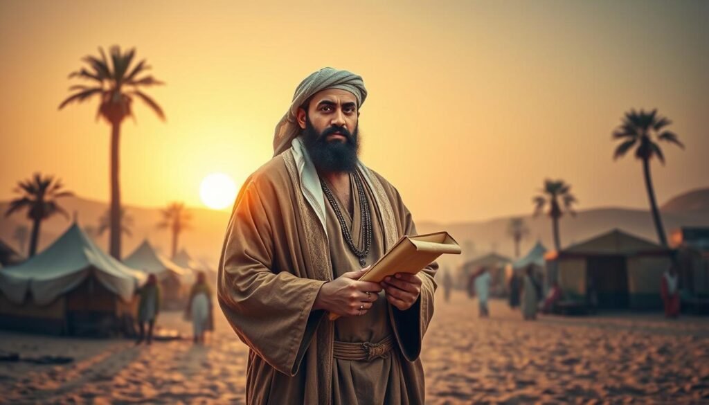 A dignified and noble portrayal of Umar ibn al-Khattab, the second caliph of Islam, standing in a historical desert setting. He is wearing a traditional, modest robe with rich textures and worn leather sandals, his expression reflecting strength and justice. In the foreground, he is holding a scroll, symbolizing wisdom and governance. His strong build and serious demeanor showcase his reputation for fairness and power. The middle ground features a simple, ancient marketplace with tents and people engaged in trade, while palm trees sway gently in the background under a warm, golden sunset. The lighting is soft yet illuminating, highlighting Umar's features, and the mood conveys a sense of authority and respect in a peaceful, bustling environment.
