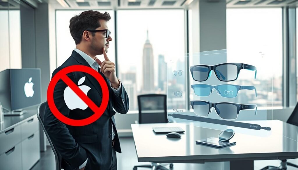 A futuristic office environment featuring a sleek, modern desk with the latest technology gadgets, including a computer displaying an Apple logo crossed out, symbolizing the abandonment of the Vision Pro project. In the foreground, a thoughtful business professional in smart casual attire observes a holographic interface showcasing various augmented reality glasses, signifying competition with Galaxy XR. In the middle, there's a large window revealing a bustling city skyline, blending innovation with real-world application. The lighting is bright and airy, conveying a sense of optimism and progression. The angle captures both the subject and the high-tech ambiance, creating a thought-provoking atmosphere that reflects the theme of innovation and strategic shifts in the tech industry.