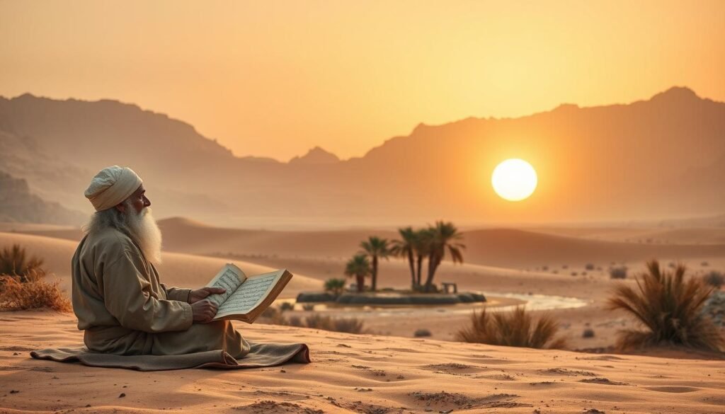 A historical scene depicting the revelation of Surah Al-Kahf in a serene desert environment. In the foreground, a wise, elderly scholar in modest clothing sits cross-legged on a simple mat, carefully studying an ancient scroll, reflecting deep thought and contemplation. The middle ground features a small, serene oasis, with palm trees and gentle flowing water, symbolizing tranquility and enlightenment. In the background, rugged mountains rise under a soft, golden sunset, casting warm hues across the sky and creating a peaceful atmosphere. The lighting is soft and warm, emphasizing the importance of knowledge and reflection in a religious context. Overall, the mood is contemplative and respectful, encapsulating the historical and spiritual significance of the Surah’s revelation.