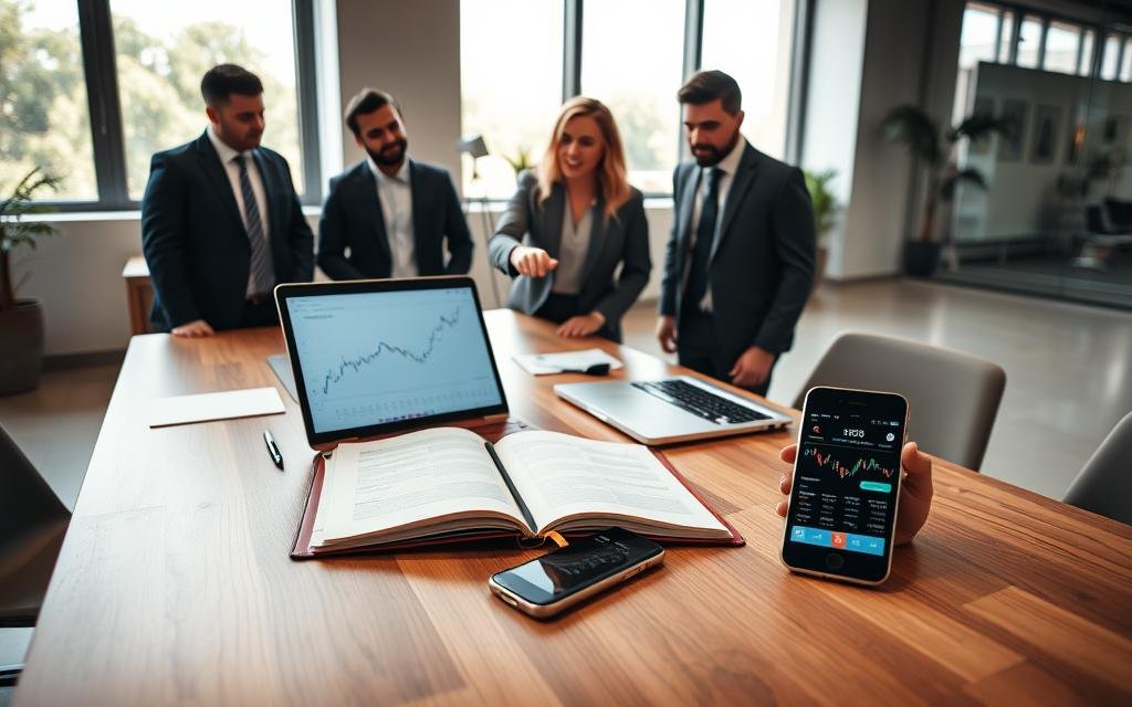 A modern office space is the setting, featuring a sleek wooden desk with a laptop displaying financial charts and graphs. In the foreground, a diverse group of three professionals—two men and one woman—are engaged in a discussion, all dressed in professional business attire. The woman points at the laptop screen enthusiastically, conveying a sense of collaboration and excitement about investment opportunities. In the middle ground, an open notebook with investment notes and a smartphone showing a trading app are placed strategically, emphasizing the theme of opening an investment account. In the background, large windows allow natural light to flood the room, creating a bright and optimistic atmosphere. The camera angle is slightly elevated, capturing the dynamic interaction and the organized workspace.