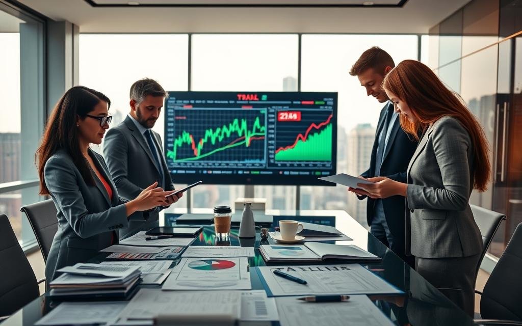 A professional business scene depicting risk management and portfolio diversification in the stock market. In the foreground, a diverse group of three business professionals in smart attire— a woman with glasses analyzing graphs on a digital tablet, a man reviewing financial documents, and a woman taking notes—stands around a modern conference table cluttered with charts and stock market data. In the middle ground, a large digital screen displays rising and falling stock trends, with green and red graphs. The background features a sleek office environment, complete with large windows showing a city skyline under soft, ambient lighting, creating a focused and optimistic atmosphere. The angle should capture both the team collaboration and the dynamic market insights, emphasizing teamwork and strategic planning.