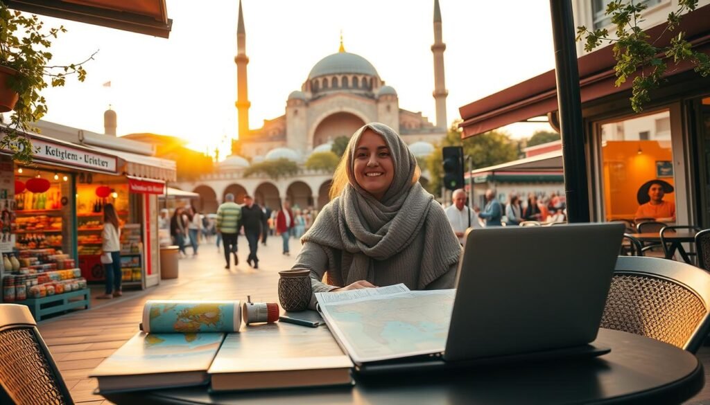 A scenic view of a traveler planning a trip to Turkey, set in an inviting outdoor café. In the foreground, a person in casual yet modest clothing is seated at a table, surrounded by travel guides, a laptop, and a map depicting famous Turkish landmarks. In the middle ground, vibrant Turkish street life is visible, with colorful shops showcasing local crafts and delicacies. The background features the breathtaking silhouette of the Hagia Sophia, bathed in warm, golden sunlight as the sun sets. The overall mood is adventurous and inspiring, inviting exploration and discovery. The image should be captured with a soft focus lens to create a dreamy atmosphere that evokes wanderlust. No text or overlays present.