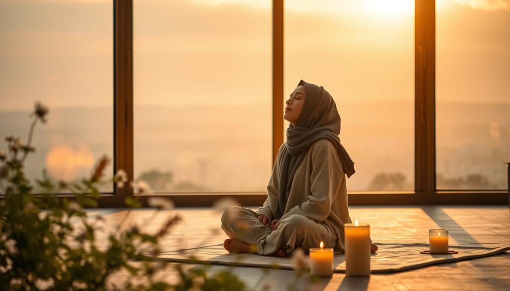 A serene and calming scene depicting a person engaging in daily istighfar (seeking forgiveness) in a tranquil setting. In the foreground, a person, dressed in modest attire, sits cross-legged on a soft prayer mat, eyes closed, with a peaceful expression, surrounded by softly glowing candles. In the middle ground, delicate green plants and flowers add life to the space, while a warm light source creates a gentle glow, suggesting a sunset or dawn ambiance. In the background, a softly blurred window reveals a beautiful, stretching landscape bathed in warm sunlight. The mood is introspective and serene, emphasizing the theme of mindfulness and the impact of daily spiritual practice on mental well-being. The atmosphere is tranquil, inviting reflection and inner peace.