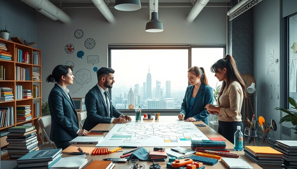 A serene and inspiring workspace filled with colorful elements representing the nine types of intelligence, such as books, art supplies, scientific tools, and musical instruments. In the foreground, a diverse group of professionals—two men and two women—dressed in smart business attire, are engaged in a collaborative discussion around a large table, mapping out their ideas on a whiteboard. In the middle ground, a window with soft natural light streams in, illuminating the vibrant colors of the items signifying different intelligences. The background features an inspiring landscape view of a city skyline, symbolizing aspiration and success. The atmosphere is motivational and focused, emphasizing growth and the journey of self-discovery through understanding multiple intelligences. The image should have a balanced color palette of blues, greens, and warm tones, creating a harmonious and inviting environment.