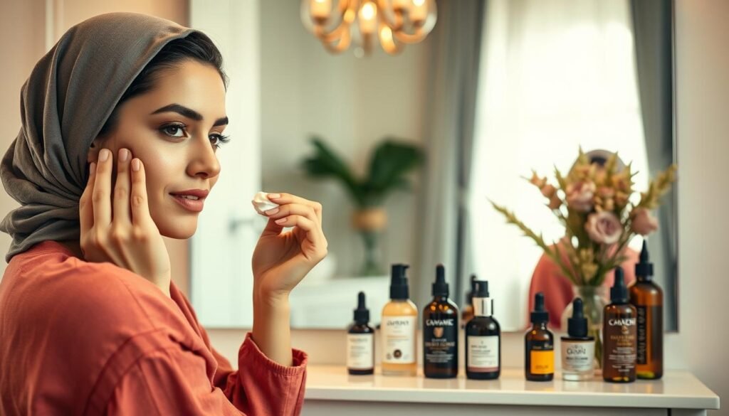 A serene and inviting bathroom setting, with a focus on a beautifully organized vanity. In the foreground, a young woman of Middle Eastern descent is gently applying a facial cream, demonstrating a facial care routine. She wears modest, stylish casual clothing and has a serene expression, embodying confidence and self-care. In the middle, an array of skincare products—serums, moisturizers, and natural oils—are neatly displayed on the countertop, with soft lighting highlighting their textures. The background features a large mirror reflecting soft, warm light from a window, bringing a cozy yet elegant atmosphere. The overall mood is calm and soothing, emphasizing the importance of facial skincare for a radiant and glowing complexion.