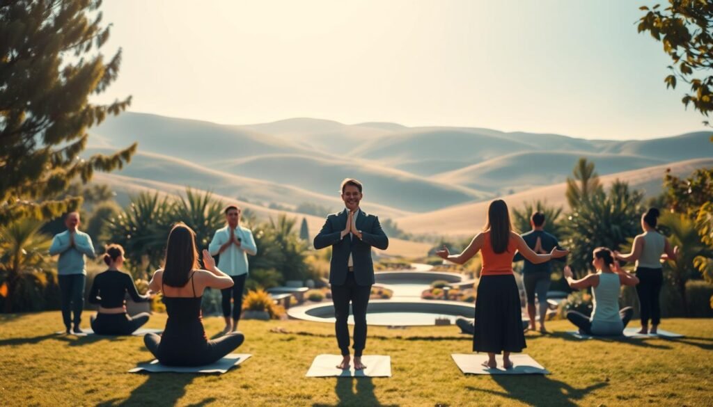 A serene and inviting scene depicting the essentials of balance between body, mind, and spirit. In the foreground, a diverse group of individuals in professional attire, engaged in yoga and meditation, showcasing harmony and focus. In the middle ground, a tranquil garden filled with lush greenery, a small pond reflecting the sunlight, and gentle pathways symbolizing the journey of self-discovery. The background features soft, rolling hills under a clear blue sky, enhancing the sense of peace. The lighting is warm and soft, evoking a calm atmosphere as if bathed in golden hour sunlight. The composition emphasizes unity and tranquility, creating a visual metaphor for holistic balance.