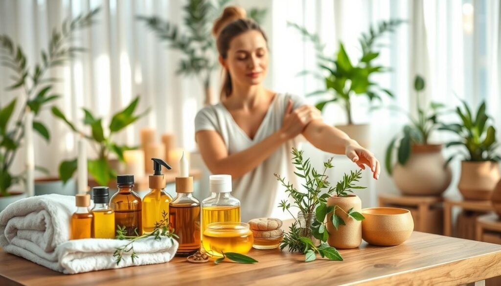 A serene and inviting spa setting to represent holistic body care, with a focus on relaxation and rejuvenation. In the foreground, a neatly arranged set of natural skincare products including oils, creams, and fresh herbs on a wooden table, accompanied by a soft, white towel. The middle ground features a calm woman in modest, casual clothing, applying a moisturizing lotion to her arms, with a tranquil expression. The background showcases a softly lit room filled with plants and soothing candles, creating a warm ambiance. Soft, natural light filters through sheer curtains, casting gentle shadows and enhancing the comfortable atmosphere. The overall mood is peaceful and serene, emphasizing the importance of body care for a glowing, healthy appearance.