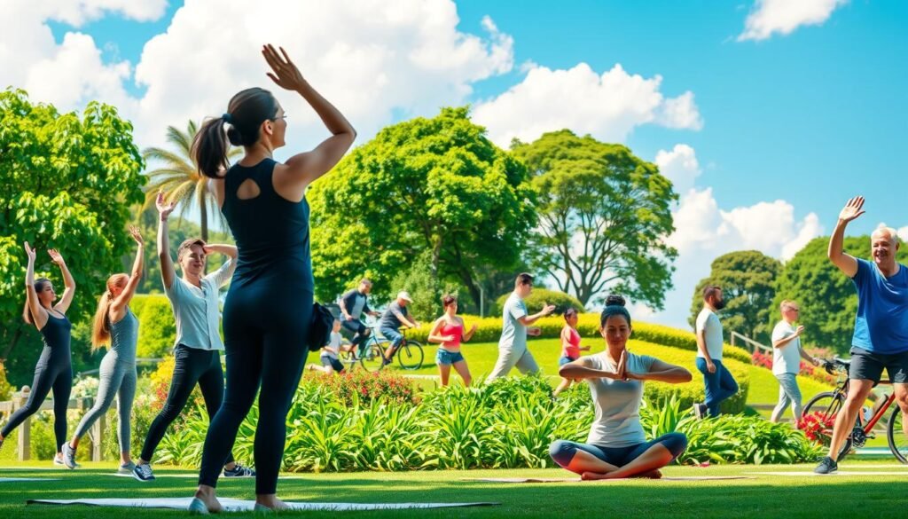 A serene and vibrant health and wellness scene. In the foreground, a diverse group of individuals in professional casual wear engage in various physical activities like yoga, stretching, and meditation, illustrating the importance of physical health and body care. In the middle ground, a lush green garden with healthy plants and trees symbolizes vitality, while people are seen enjoying outdoor exercises, such as jogging and cycling, promoting an active lifestyle. The background features a bright blue sky with fluffy white clouds, enhancing the uplifting atmosphere. Soft, natural lighting bathes the scene, creating a calm and welcoming mood. This image captures the essence of nurturing physical health and body care, emphasizing harmony between body and mind.