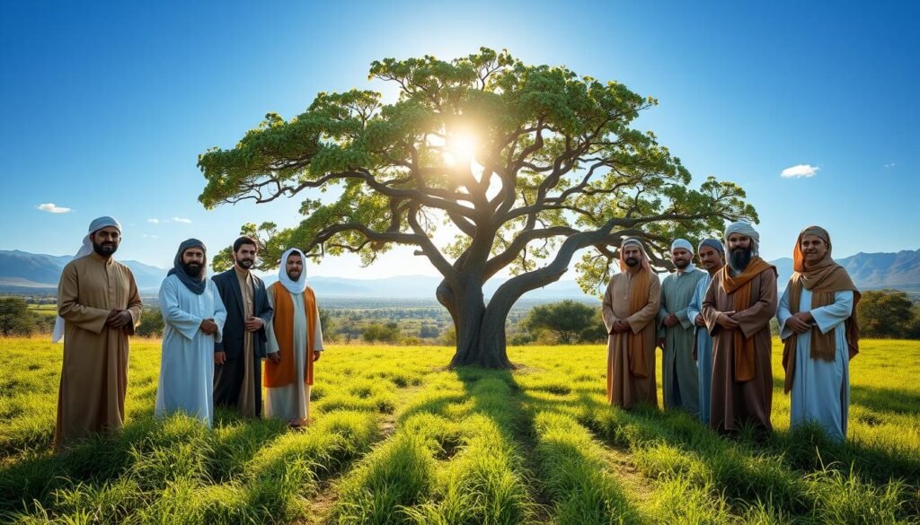 A serene gathering of the ten companions of Prophet Muhammad (peace be upon him), depicted in a lush, green landscape under a clear blue sky. In the foreground, each companion is portrayed with a warm, welcoming expression, dressed in modest traditional clothing, reflecting their diverse backgrounds. In the middle ground, an ancient tree symbolizes wisdom, with soft sunlight filtering through the leaves, creating intricate patterns on the ground. In the background, distant mountains provide a sense of peace and grandeur. The atmosphere is uplifting and inspirational, evoking a sense of unity and shared purpose. The image should capture the essence of camaraderie and faith, highlighting the spiritual significance of these revered figures. The lighting is soft and natural, enhancing the serene setting.