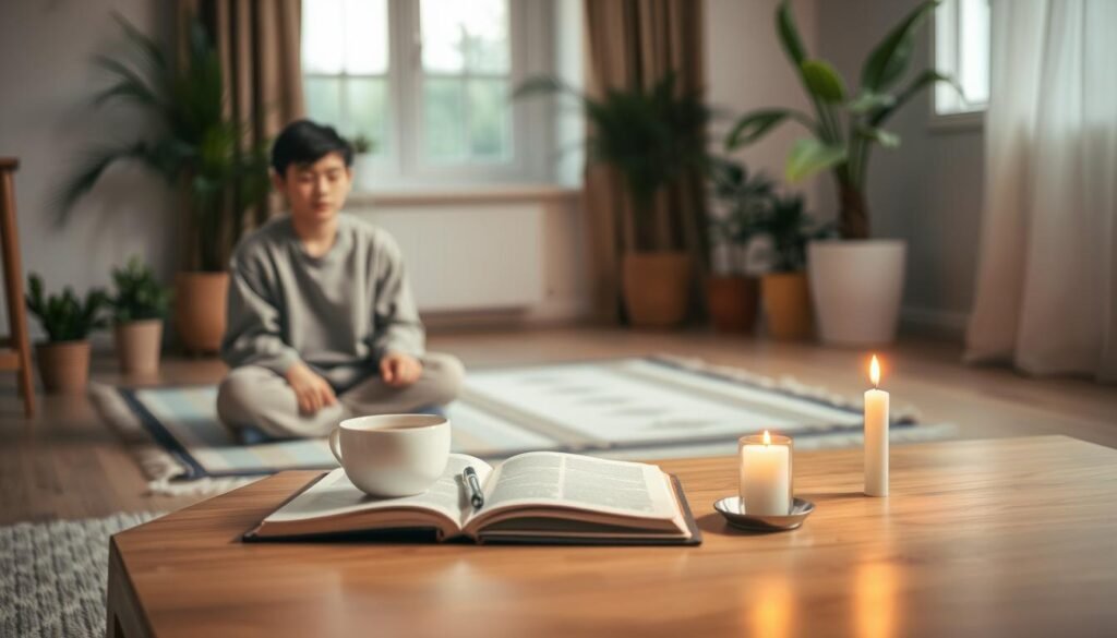 A serene indoor scene depicting a person engaged in daily spiritual reflection, surrounded by soft, warm lighting. The foreground features a young adult, dressed in modest casual clothing, sitting cross-legged on a prayer mat with closed eyes, deeply focused. In the middle ground, a beautifully arranged desk includes an open notebook with a pen, a calm cup of tea, and a small candle flickering gently. The background showcases a softly lit room with potted plants and a window allowing natural light to filter in, enhancing the tranquil atmosphere. The overall mood is peaceful and contemplative, capturing the essence of integrating daily forgiveness into one’s routine.