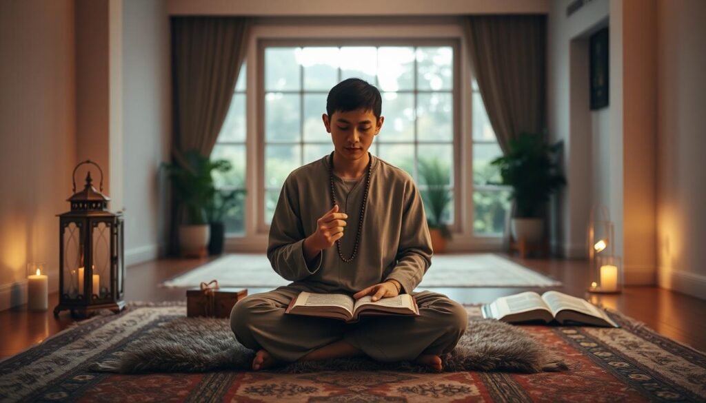 A serene indoor space with soft, warm lighting, evoking a peaceful atmosphere. In the foreground, a person, dressed in modest, casual clothing, sits cross-legged on a plush rug, holding prayer beads and deep in contemplation. Surrounding them are subtle elements reflecting Islamic culture, such as a decorative lantern and an open Quran, suggesting a space dedicated to spiritual practice. In the middle background, a large window shows a tranquil garden, symbolizing growth and reflection. The overall mood is one of tranquility and devotion, highlighting the importance of remembrance (dhikr) in Islam. The image should have a shallow depth of field to focus on the individual, creating a calm and contemplative ambiance.