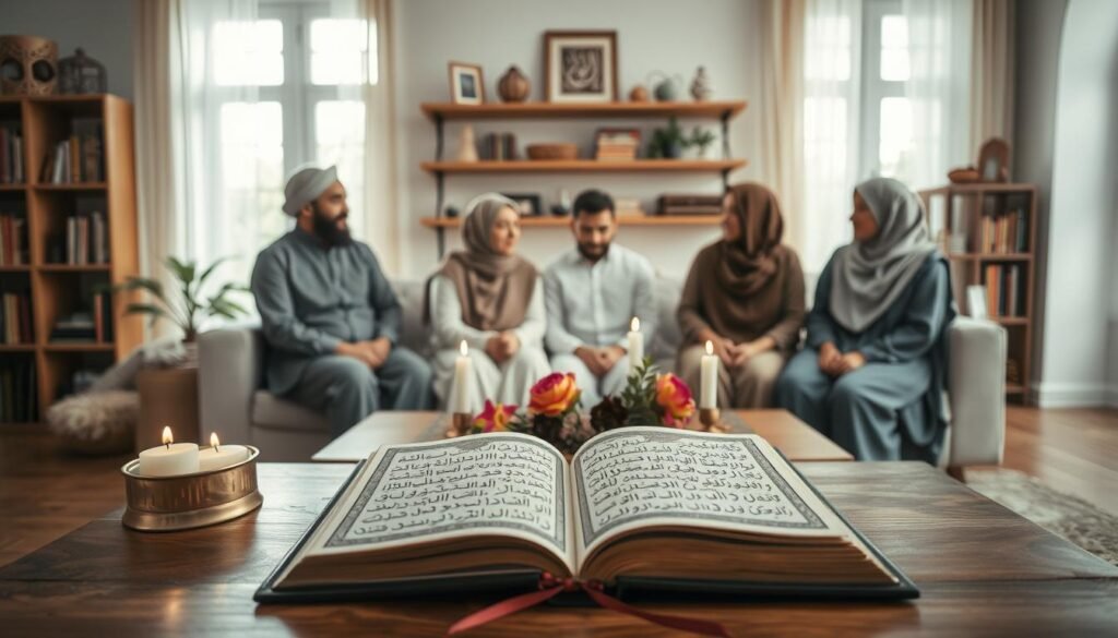 A serene living room infused with the calming presence of Quranic verses. In the foreground, a wooden coffee table holds an open copy of Surah Al-Baqarah, surrounded by decorative elements like candles and flowers, symbolizing peace. In the middle, a family of four, dressed in modest casual clothing, is engaged in a discussion, their expressions reflecting harmony and unity. Natural light filters in through large windows, casting soft shadows and creating an inviting atmosphere. In the background, shelves are lined with books and Islamic decorations, emphasizing a spiritual ambiance. The overall mood is tranquil and uplifting, showcasing the positive impact of daily Quran recitation on family life.