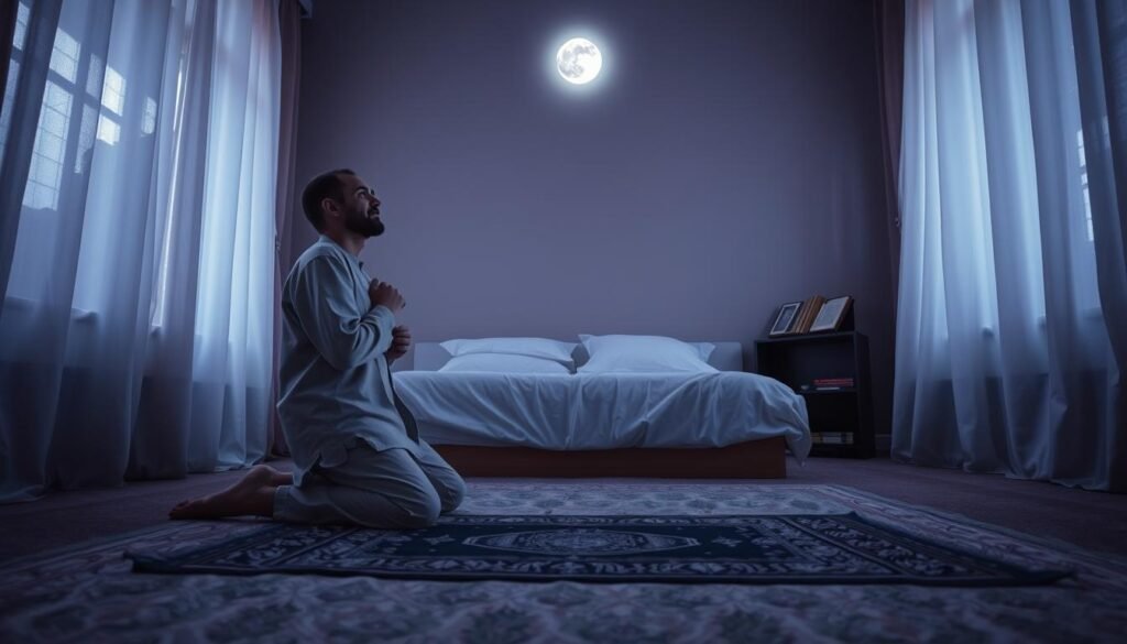 A serene, tranquil bedroom at night, softly illuminated by moonlight filtering through sheer curtains, creating a calming atmosphere. In the foreground, a person kneels in prayer, dressed in modest, comfortable clothing, embodying peace and devotion. Their expression is one of tranquility, reflecting the mental benefits of night prayers. In the middle, an open prayer mat adorned with intricate designs, symbolizing spirituality. In the background, a small bookshelf filled with religious texts, contributing to the ambiance of personal growth and reflection. The scene captures the essence of physical and psychological well-being, illustrating the positive effects of nighttime worship. The lighting is soft and soothing, evoking a sense of calm and inner peace. The angle presents a cozy, inviting perspective, encouraging viewers to appreciate the beauty of night prayers.