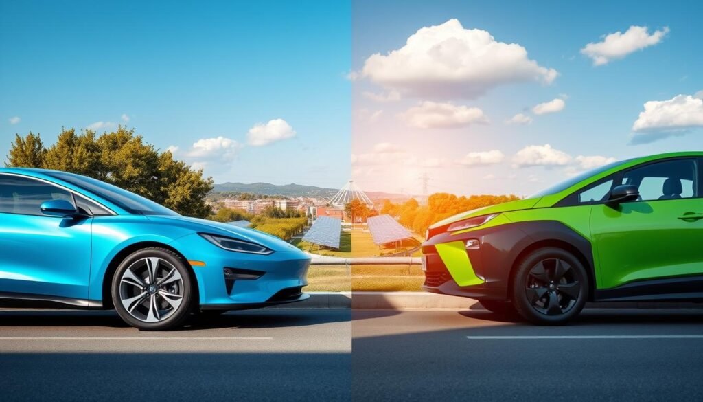 A split image showcasing an electric vehicle and a hybrid vehicle side by side. In the foreground, the electric vehicle is sleek and modern, featuring a bright blue exterior with a futuristic design, parked next to the hybrid vehicle, which has a stylish green and black design. In the middle ground, display a scenic urban landscape with green parks and solar panels, suggesting an environmentally friendly vibe. The background features a clear blue sky with fluffy clouds, emphasizing a clean atmosphere. Use soft, natural lighting to highlight the cars' features and create a harmonious, optimistic mood. Provide a slight depth of field effect to draw focus to the vehicles while subtly blurring the surrounding environment.