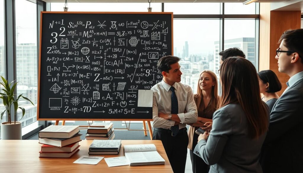 A split scene illustrating both logical-mathematical intelligence and linguistic intelligence. In the foreground, a diverse group of professionals in business attire is engaged in deep discussion, surrounded by mathematical symbols and equations glowing softly. In the middle ground, a large chalkboard filled with intricate diagrams and language patterns stands beside a stack of books and a laptop displaying graphs and written texts. In the background, a bright office environment with large windows offers a view of a cityscape, filled with both nature and technology, symbolizing the balance between logic and language. The lighting is warm and inviting, creating a collaborative and intellectual atmosphere. The angle is slightly elevated, giving a panoramic view of the scene.