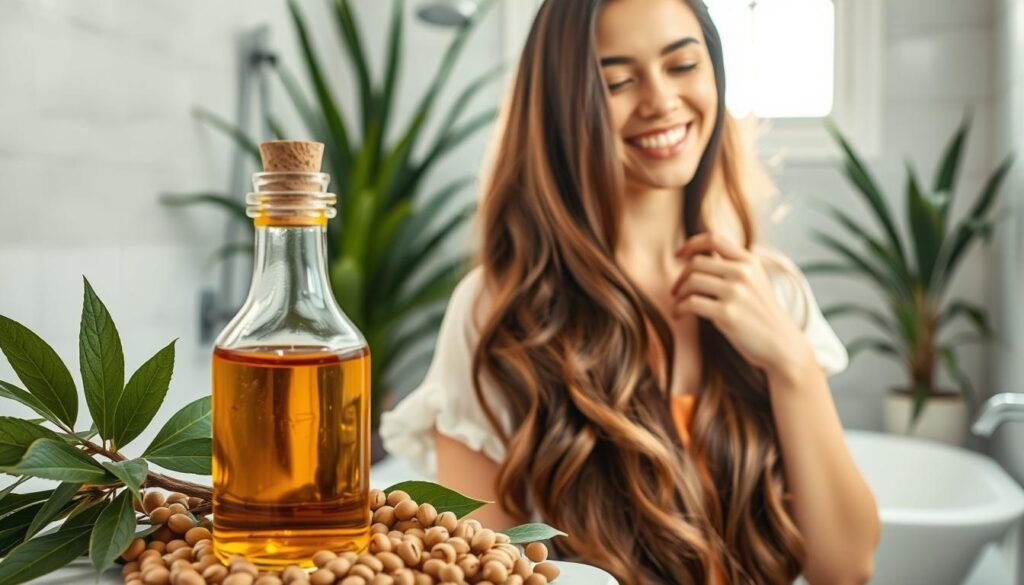 A vibrant and detailed composition showcasing the benefits of jojoba oil for hair. In the foreground, a glass bottle of jojoba oil glistens under soft, natural light, surrounded by fresh jojoba seeds and lush green leaves. The middle ground features a healthy, shiny hairstyle cascading elegantly around a woman in modest casual clothing, who is smiling while gently running her fingers through her hair. The background is a serene bathroom setting with soft-focus plants and subtle light filtering through a window, creating a warm and inviting atmosphere. The scene captures the nourishing essence of jojoba oil and its positive impact on hair, emphasizing health and vitality.