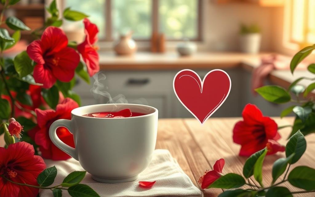 A vibrant and detailed illustration showcasing the health benefits of hibiscus tea for lowering blood pressure. In the foreground, a ceramic cup of steaming hibiscus tea, with bright red petals floating on the surface. Surrounding the cup, fresh hibiscus flowers and green leaves create a natural frame. In the middle ground, a wooden table with a soft cloth underneath enhances the rustic feel, while a healthy heart symbol subtly illustrated with natural elements symbolizes heart health. The background features a softly blurred kitchen setting with warm, inviting lighting. The mood is calming and refreshing, evoking a sense of tranquility and well-being. The image should be beautifully lit, capturing the rich colors of the hibiscus and promoting a holistic health atmosphere.