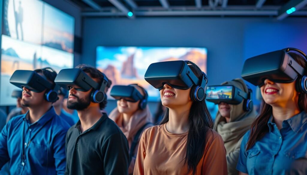 A vibrant and immersive scene showcasing a variety of virtual reality experiences. In the foreground, a diverse group of individuals, dressed in casual yet modest clothing, are engaged with VR headsets, their facial expressions filled with excitement and awe. In the middle, a mix of fantastical virtual worlds – one depicting a serene landscape with futuristic elements, another showcasing an intense action game, and yet another illustrating a creative exploration space, all blending seamlessly. The background features a high-tech environment with soft, ambient lighting that enhances the mood of adventure and innovation. A dynamic color palette with blues and purples creates a sense of depth and wonder, while the depth of field draws focus to the engaged players.