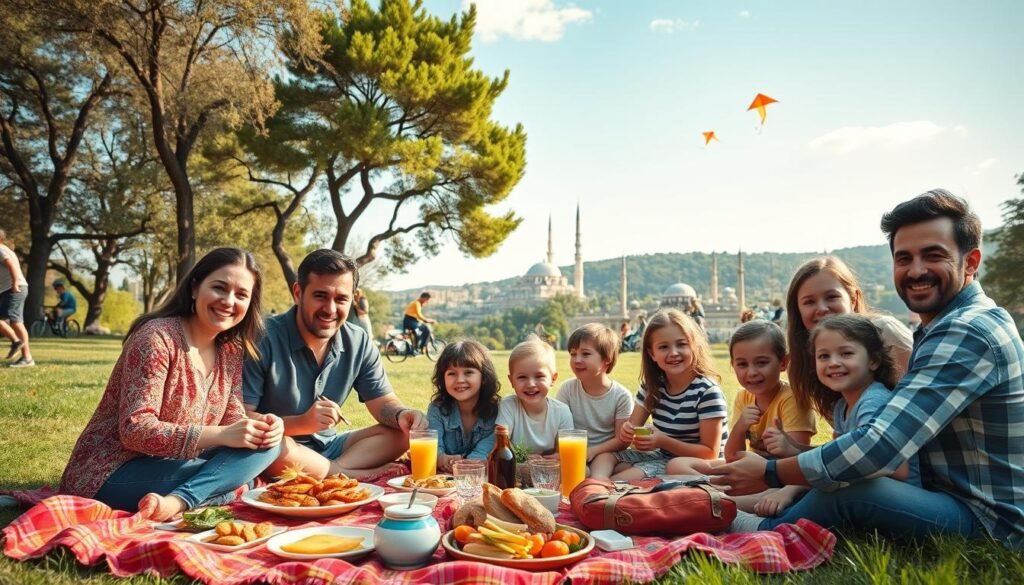 A vibrant family enjoying various recreational activities in Turkey, showcasing a picturesque park scene. In the foreground, a diverse family comprised of parents and children playfully engaging in a picnic with traditional Turkish food spread out on a colorful blanket. The middle ground features families playing games, riding bicycles, and flying kites, reflecting joy and interaction. The background reveals iconic Turkish architecture, such as beautiful mosques and lush hills under a bright blue sky. Soft, warm lighting creates an inviting atmosphere, highlighting the cheerful expressions of the people. The image should be taken from a mid-angle perspective to capture the lively ambiance, emphasizing family bonding and adventure.