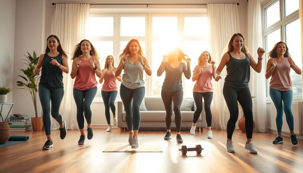 A vibrant home workout scene showcasing effective cardio exercises for women. In the foreground, a diverse group of women in modest athletic wear are engaged in various cardio workouts, such as jumping rope, high knees, and dancing, demonstrating energy and focus. The middle ground features fitness equipment like a yoga mat and dumbbells, creating an inviting workout environment. The background is a well-lit, stylish home gym setting with large windows allowing natural light to flood the space, enhancing the atmosphere. The soft, warm lighting adds a motivational tone, suggesting a productive and uplifting workout atmosphere. The image captures the essence of empowerment and commitment to fitness in a comfortable home setting, emphasizing the importance of cardio in body toning.