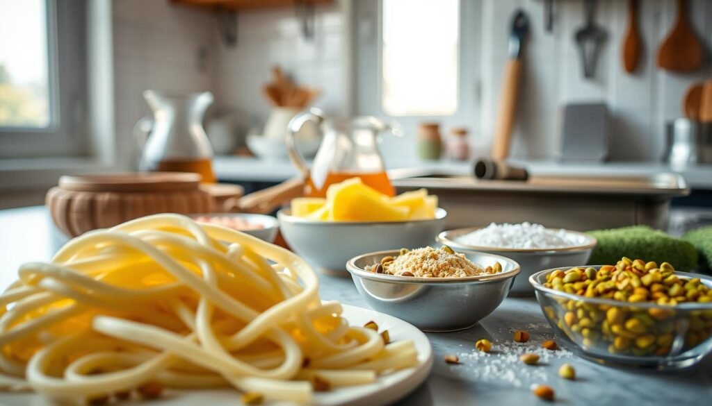 A vibrant kitchen setting featuring an array of ingredients essential for making traditional Nabulsi Kunafa. In the foreground, showcase delicate strands of kunafa dough, a plate of smooth, rich cheese, and bowls filled with finely crushed pistachios and sugar. The middle ground should display a light, golden syrup pitcher and a traditional baking tray, along with tools like a pastry brush and a grater carefully arranged. In the background, soft natural light streams in from a window, creating a warm and inviting atmosphere. The colors should be bright and delectable, evoking the sweet delight of this classic dessert. A shallow depth of field will focus on the ingredients, enhancing their textures and details, while maintaining an aesthetically pleasing arrangement.