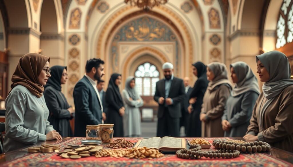 A visually compelling depiction of "Conditions for Zakat" in an Islamic context. In the foreground, illustrate a well-organized table with various symbolic items related to Zakat: coins, grains, and prayer beads. In the middle ground, a diverse group of individuals dressed in modest professional attire, engaged in thoughtful discussion around the table, reflecting cooperation and understanding. The background features serene Islamic architecture, like arches and intricate tile work, enhancing the cultural significance. Soft, warm lighting creates an inviting atmosphere, with a focus on the items on the table, emphasizing their importance in the context of Zakat. Capture this scene from a slightly elevated angle to provide depth, highlighting the connection between the individuals and their shared purpose.