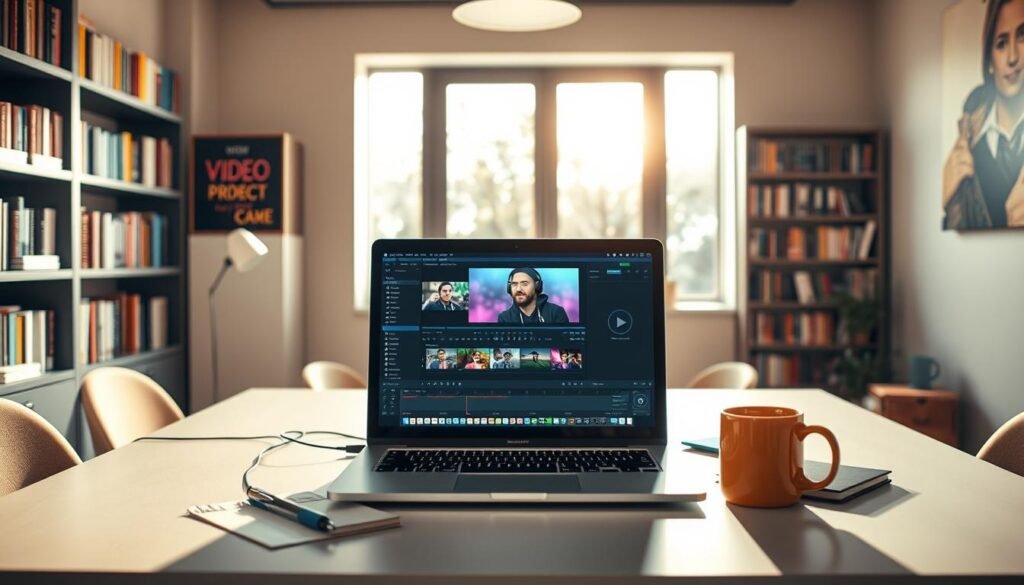 A visually engaging workspace depicting the essence of successful content creation. In the foreground, a modern desk is adorned with a laptop displaying vibrant video editing software. Surrounding the laptop are notes and a coffee mug, suggesting a creative environment. In the middle ground, a large window lets in warm, natural sunlight, illuminating the space and creating a cozy atmosphere. Bookshelves filled with colorful books on video production and creativity are visible in the background, adding depth. The overall mood is inspiring and motivating, emphasizing exploration and innovation. The scene should be well-lit, with a focus on the desk setup, captured from a slightly elevated angle to create a dynamic composition.