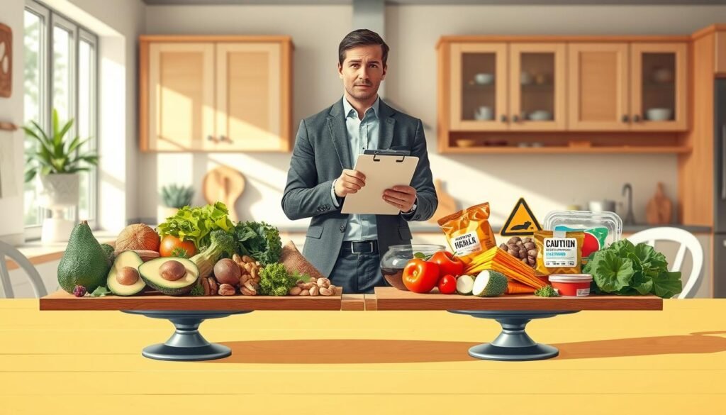 A visually striking illustration showcasing the benefits and drawbacks of the keto diet. In the foreground, a balanced table divided into two halves: one side filled with vibrant, healthy foods like avocados, nuts, and leafy greens symbolizing the benefits; the other side featuring cautionary items such as processed snacks and high-carb foods. In the middle ground, a thoughtful professional, dressed in smart casual attire, holds a clipboard and contemplates the contrasting sides. The background depicts a serene kitchen environment with natural light streaming in, creating a warm and inviting atmosphere. The scene captures a sense of balance and consideration, ideal for an informative article on dietary choices, emphasizing the thoughtful evaluation of the keto diet.