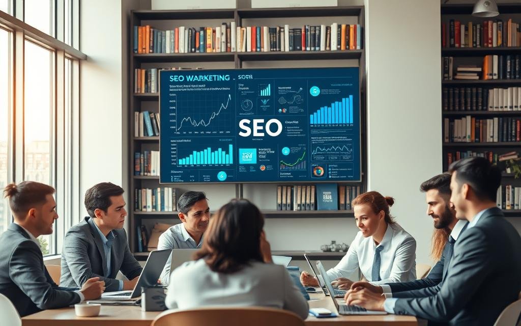 A visually striking image depicting an office environment focused on SEO strategies. In the foreground, a diverse group of professionals in business attire is engaged in a brainstorming session, reviewing analytics data on laptops and digital tablets. The middle layer features a large digital screen displaying graphs, keywords, and SEO metrics, highlighting successful strategies. In the background, shelves filled with books on digital marketing and SEO techniques are visible, enhancing the atmosphere of a knowledge-rich workspace. Soft, natural lighting filters in through large windows, creating an inviting ambiance. The scene conveys a sense of collaboration, innovation, and success in the field of search engine optimization.