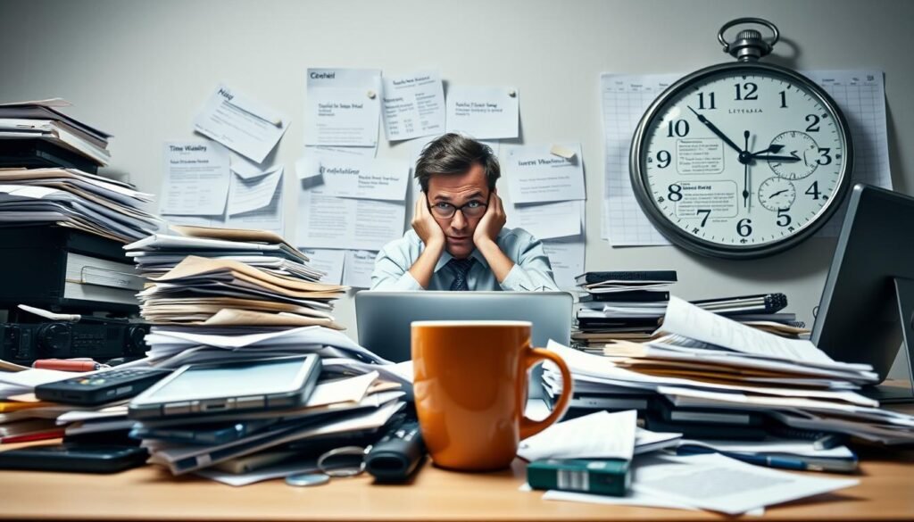 A visually striking office scene illustrating various time-wasting factors. In the foreground, a cluttered desk piled with distractions like a smartphone, social media tabs on a laptop, and a coffee cup. The middle ground features a professional person in business attire looking overwhelmed, surrounded by scattered papers and an overflowing inbox. In the background, a clock ticking loudly, casting a shadow on a calendar with numerous uncompleted tasks. Soft, diffused lighting illuminates the scene, creating a slightly chaotic yet relatable atmosphere. The overall mood conveys frustration and the urgency to recognize and eliminate time-wasting elements from daily life. The perspective should be slightly above eye level, capturing the clutter and sense of chaos effectively.