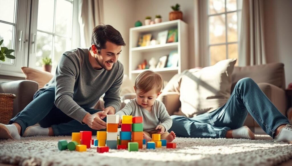 A warm, inviting scene of a family in a cozy living room, focused on a mother and father attentively observing their two-year-old child playing with colorful building blocks on a soft rug. The parents, dressed in modest casual clothing, are engaged, showing expressions of curiosity and care. The child, with a look of concentration, is stacking blocks while a few scattered toys decorate the floor around them. Soft, natural light filters through large windows, casting gentle shadows and creating a peaceful atmosphere. In the background, a bookshelf filled with children's books and family photos adds warmth, emphasizing the home environment. The overall mood is nurturing and attentive, highlighting the crucial role of parents in noticing developmental changes in their child.