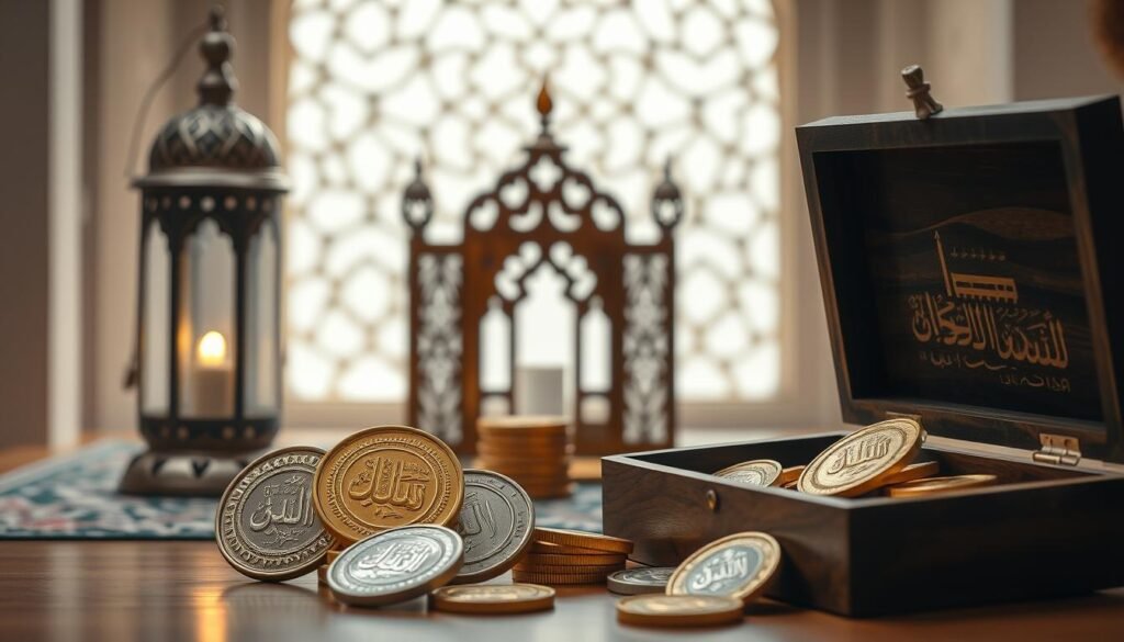 A well-arranged display of gold and silver coins, prominently featuring ornate Islamic designs that reflect their significance in the context of zakat. In the foreground, showcase a beautifully crafted wooden box half-open, revealing the gleaming coins. In the middle ground, softly focus on traditional Islamic elements like a lantern and a decorative prayer mat, symbolizing spirituality and charity. In the background, a serene ambient light filters in through a window adorned with delicate lattice work, creating a warm and inviting atmosphere. Use a slightly soft depth of field to emphasize the coins while maintaining clarity on the decorative elements. The overall mood should evoke a sense of reverence and tradition, suitable for discussing the importance of zakat in Islamic practice.