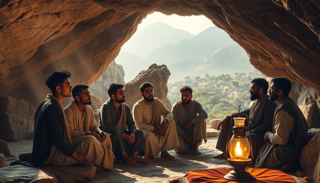 In a serene, ancient cave setting illuminated by soft, golden light filtering through cracks in the rock, depict a group of young men, dressed in modest, traditional attire, seated in a circle, engaged in deep conversation. Their expressions reflect wonder and contemplation, as they discuss the meaning of their prolonged slumber and its implications for faith. In the foreground, a flickering oil lamp casts gentle shadows, enhancing the mood of introspection. The middle ground features rugged stone formations, with hints of greenery creeping in through the cave entrance. The background reveals a misty landscape of distant mountains and trees, symbolizing the world outside and the timeless nature of their story. Capture a mystical and contemplative atmosphere, invoking feelings of spiritual awakening and the significance of their tale in modern life.