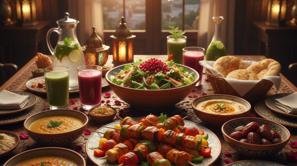 جدول غذائي صحي في رمضان بدون حرمان يوضح سحور صحي وإفطار متوازن ضمن رجيم رمضاني سهل ومتوازن لخسارة الوزن بطريقة صحية.