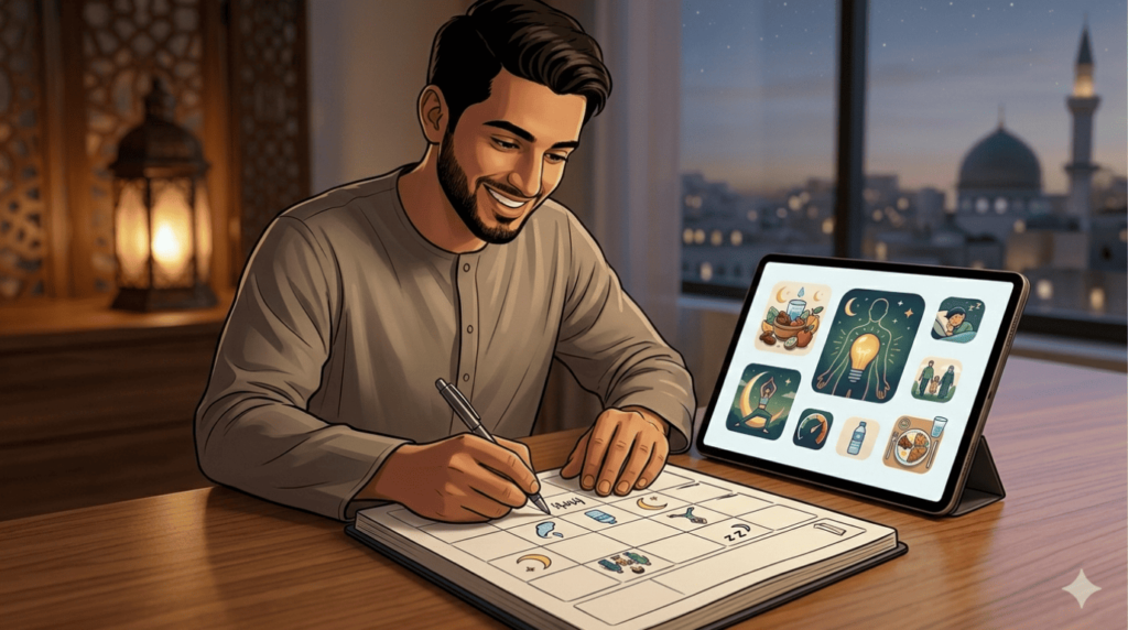 نصائح صحية رمضان تشمل وجبة إفطار صحية وسحور متوازن مع شرب الماء للحفاظ على النشاط.