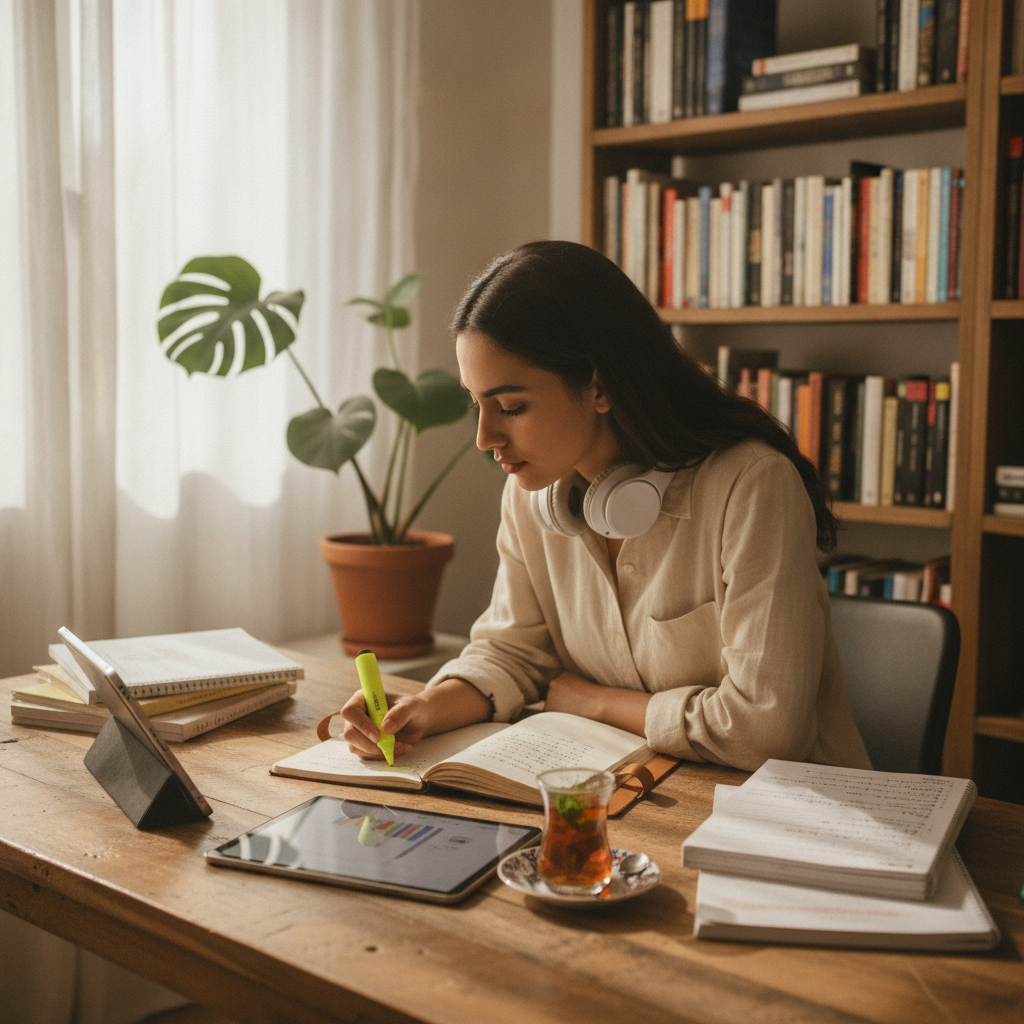 كيفية تعلم اللغة الانجليزية مجانا شخص يتعلم اللغة الإنجليزية مجاناً عبر تطبيق مجاني على الهاتف