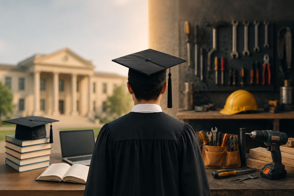المتطلبات الجامعية وافتقارها للمقررات المهنية الحرفية خريج جامعي يقف بين بيئة التعليم الجامعي وورشة مهنية حرفية تحتوي على أدوات العمل