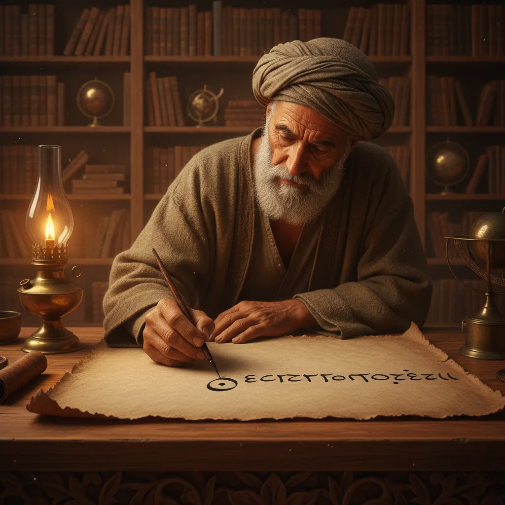 من هو مخترع الصفر لوحة فنية تعبيرية تسأل من هو مخترع الصفر مع رموز الخوارزمي وبراهماغوبتا