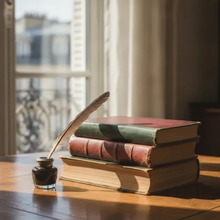 صورة واقعية لمجموعة كتب كلاسيكية ترمز للأدب الفرنسي