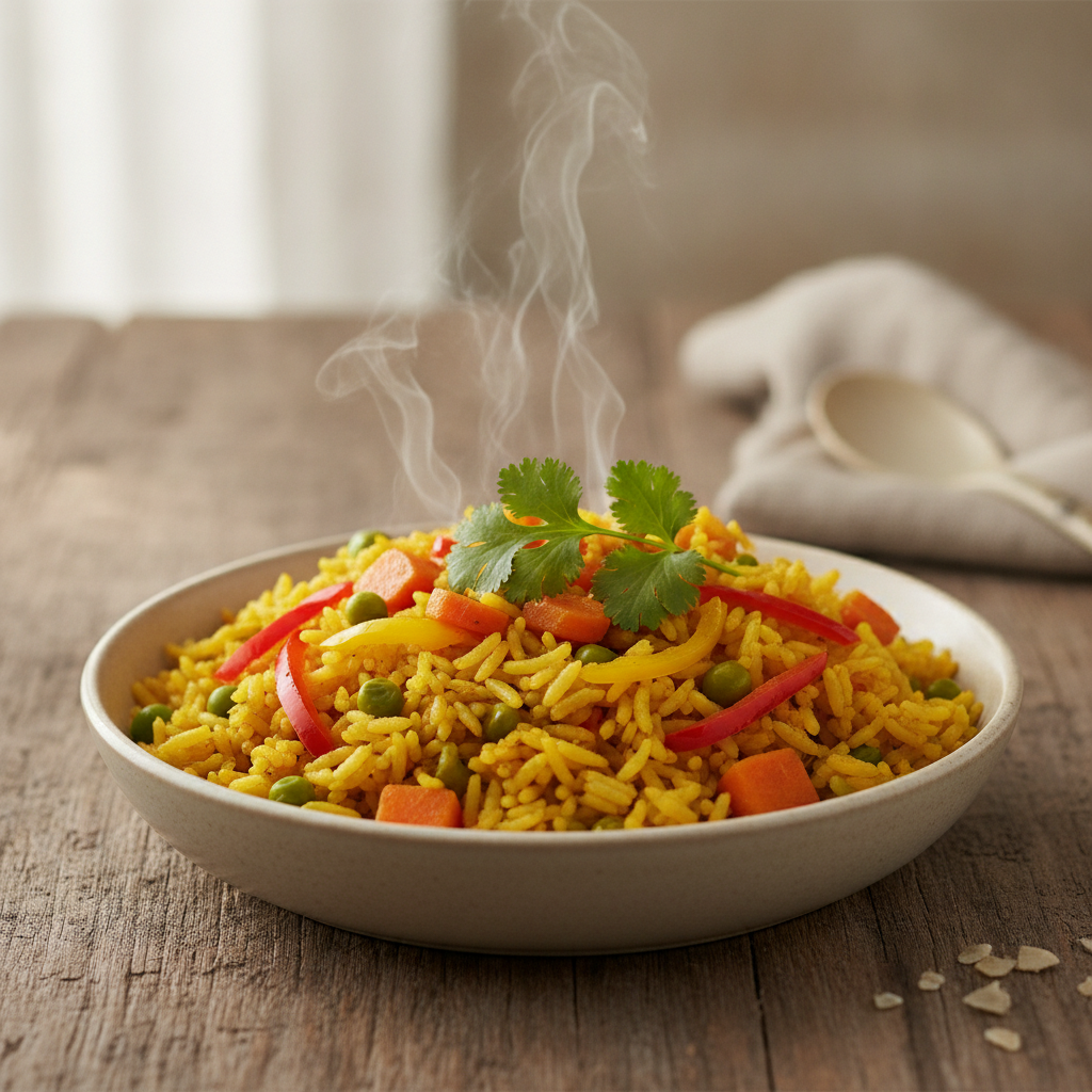 طريقة عمل ارز بالكاري والخضار صورة واقعية لطبق أرز بالكاري والخضار الملون