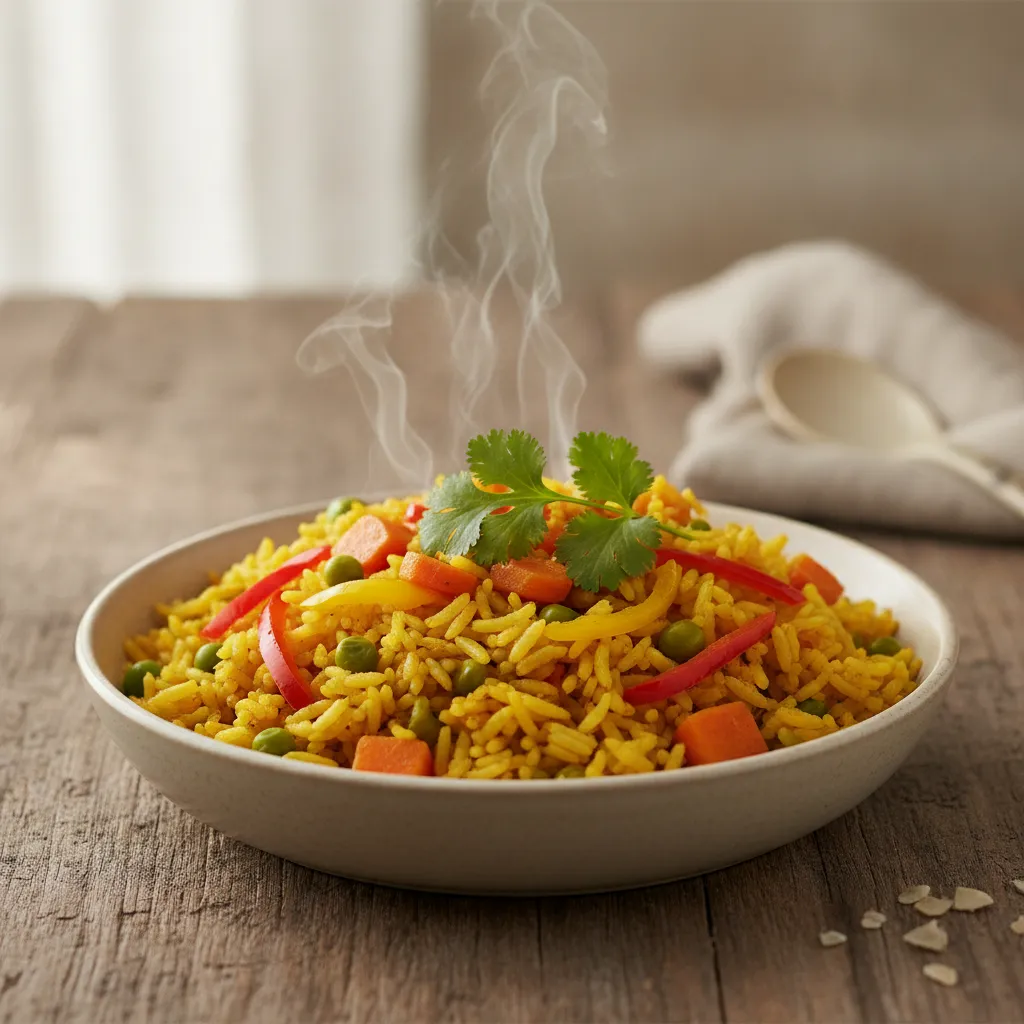 طريقة عمل ارز بالكاري والخضار والكركم بالأرز البسمتي صورة واقعية لطبق أرز بالكاري والخضار الملون